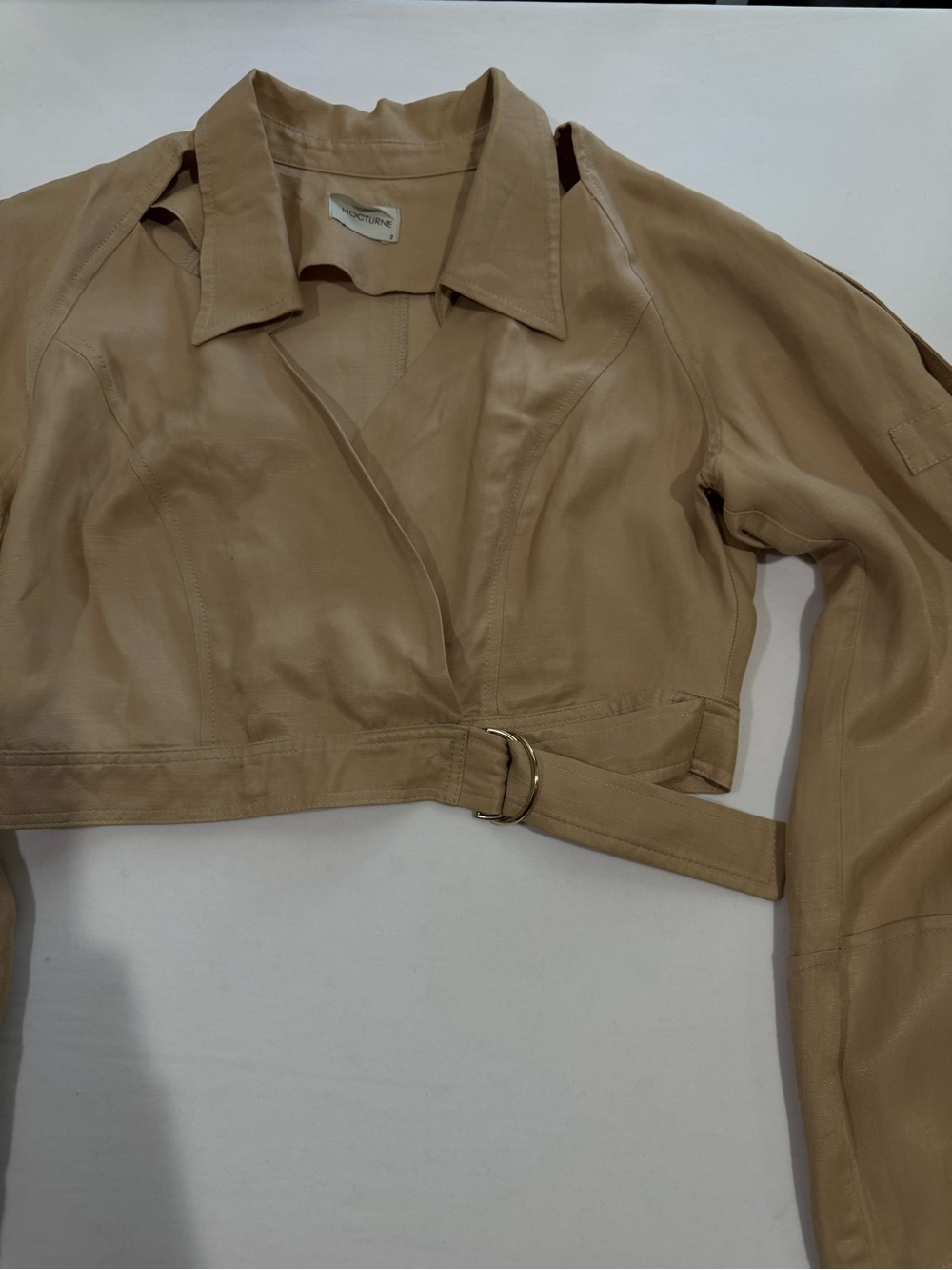 NOCTURNE Beige Cropped Wrap Jacket Linen Blend Open Shoulder Belted Size 2 - Picture 9 of 15